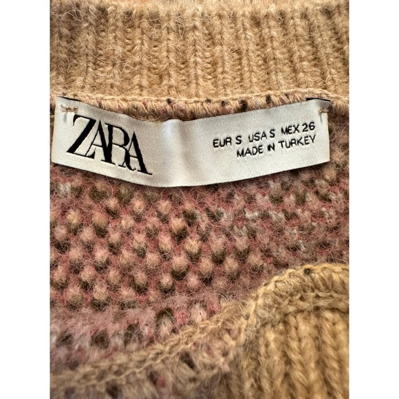 Zara Women Pink Floral Knit Crewneck Sweater Tan Green Abstract Size S - Picture 2 of 10